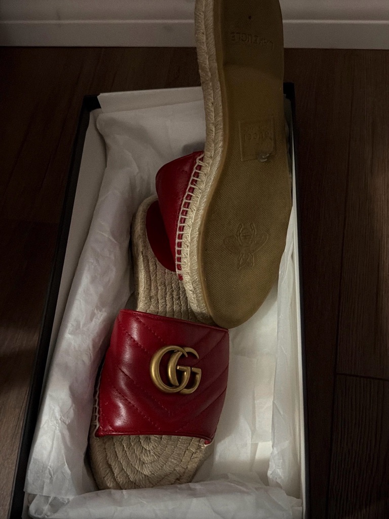 Gucci Red Quilted Leather Espadrille Slide With Gold Double G